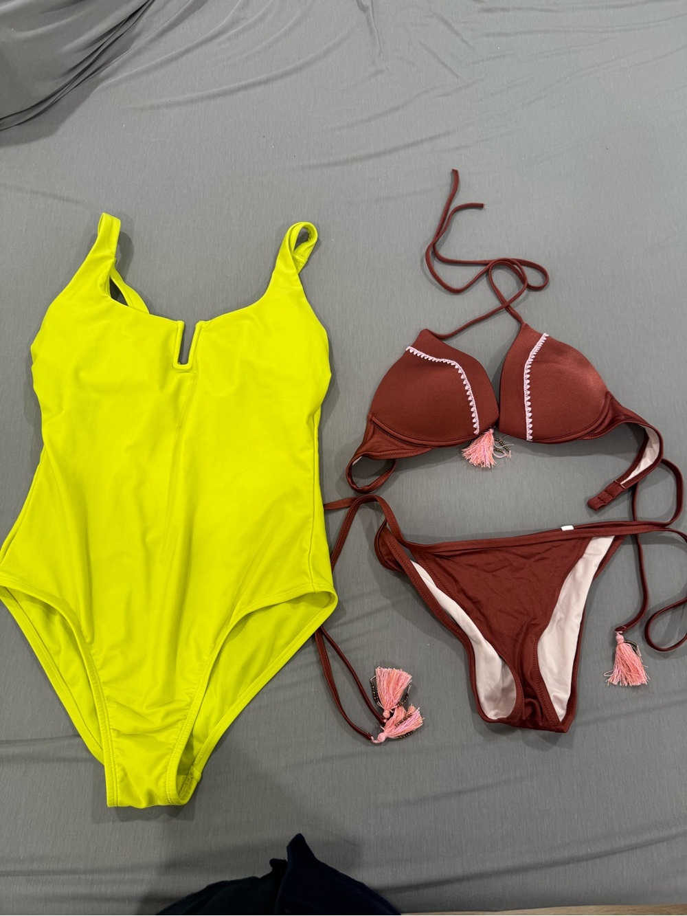 Woman Target Neon Yellow One-Piece & Brown Tassel Bikini Set